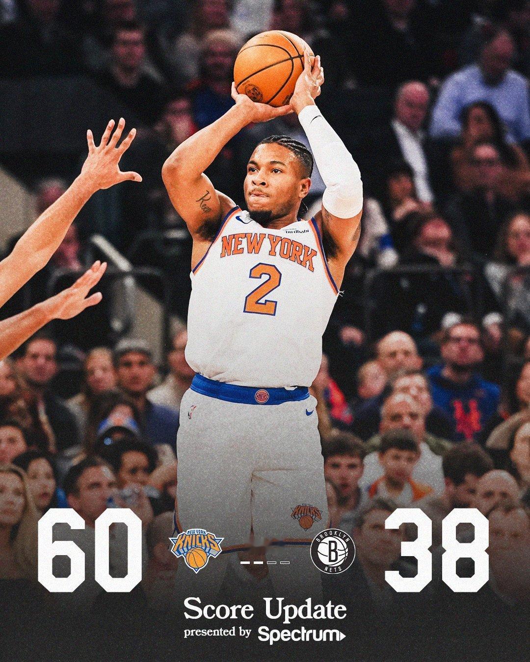 篮网上半场38分，赛季上半场得分新低，全队三分20中5，除了小波特和杰明，其他人