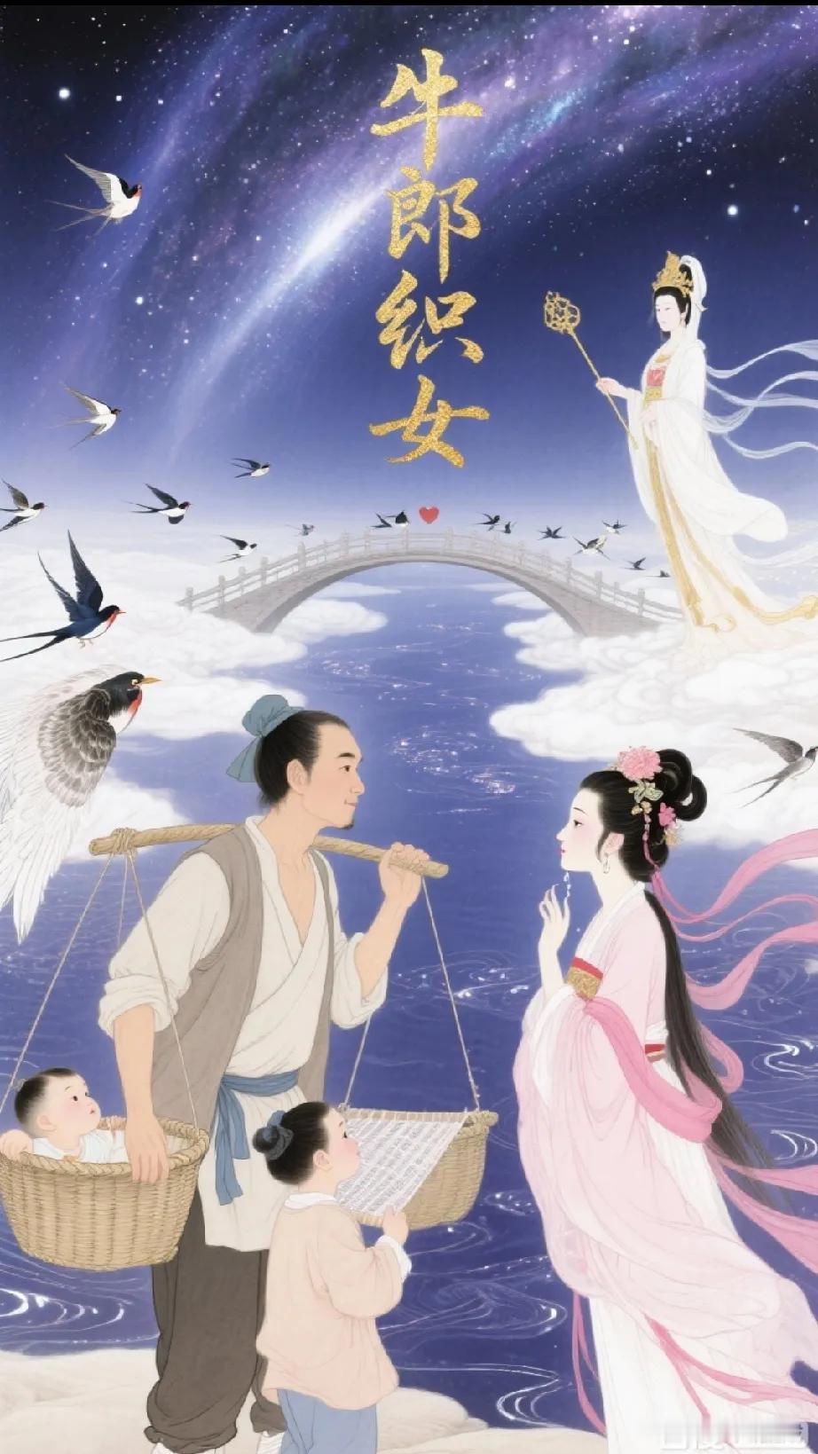 《牛郎织女》
 原创
银汉迢迢隔两乡，
一年一度鹊桥长。
相思不负千秋约，
尽诉