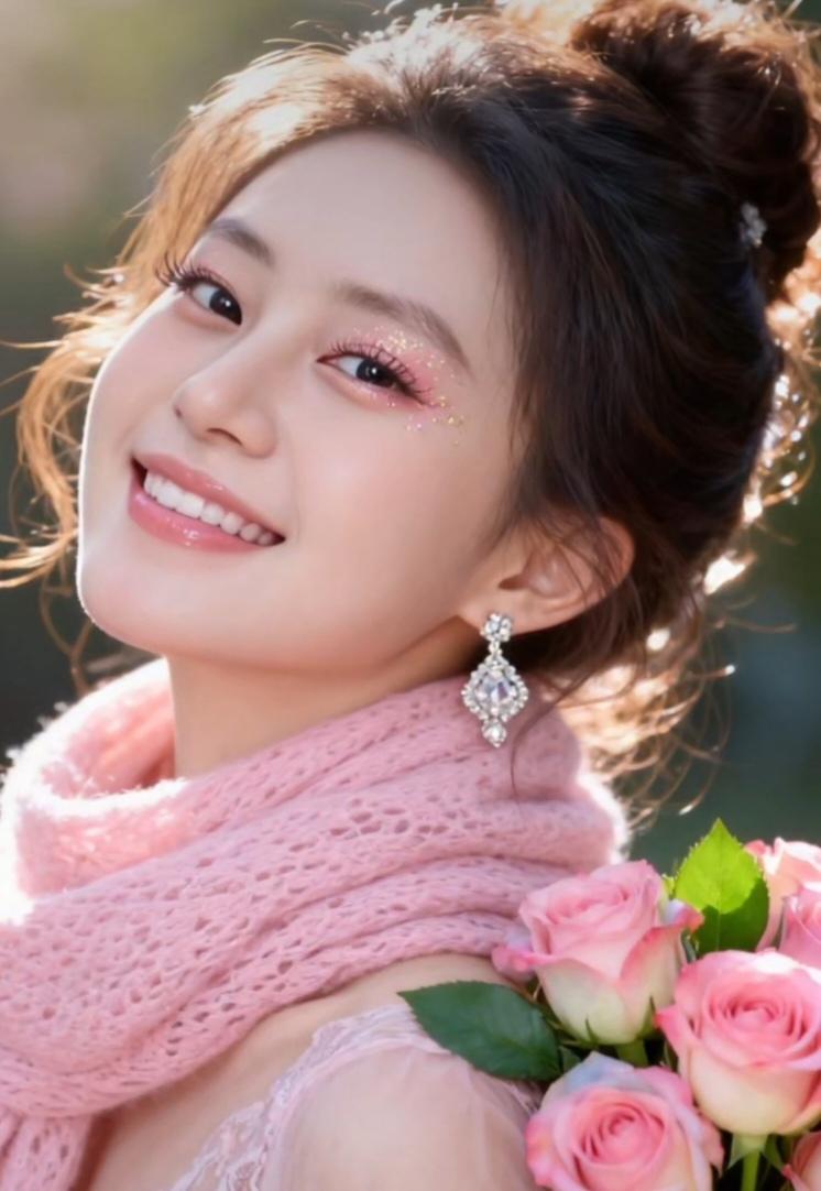 甜美少女风，粉色玫瑰与少女心爆棚的笑容相得益彰，仿佛置身于梦幻的童话世界。