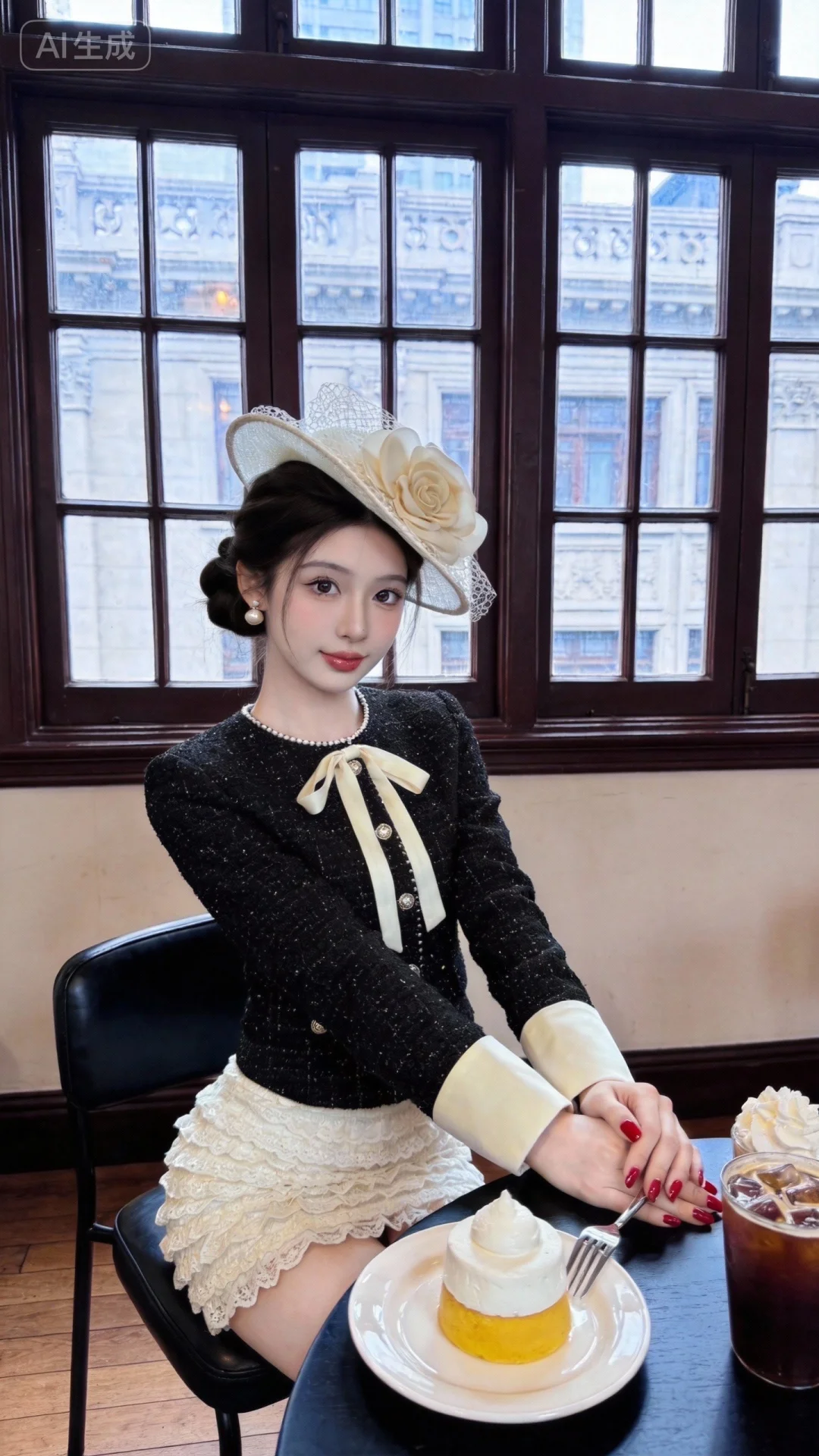 容颜绝美，精致盘发，正面照，超清晰画质，妆造精致，饰品精巧，可爱妆造，温柔大方