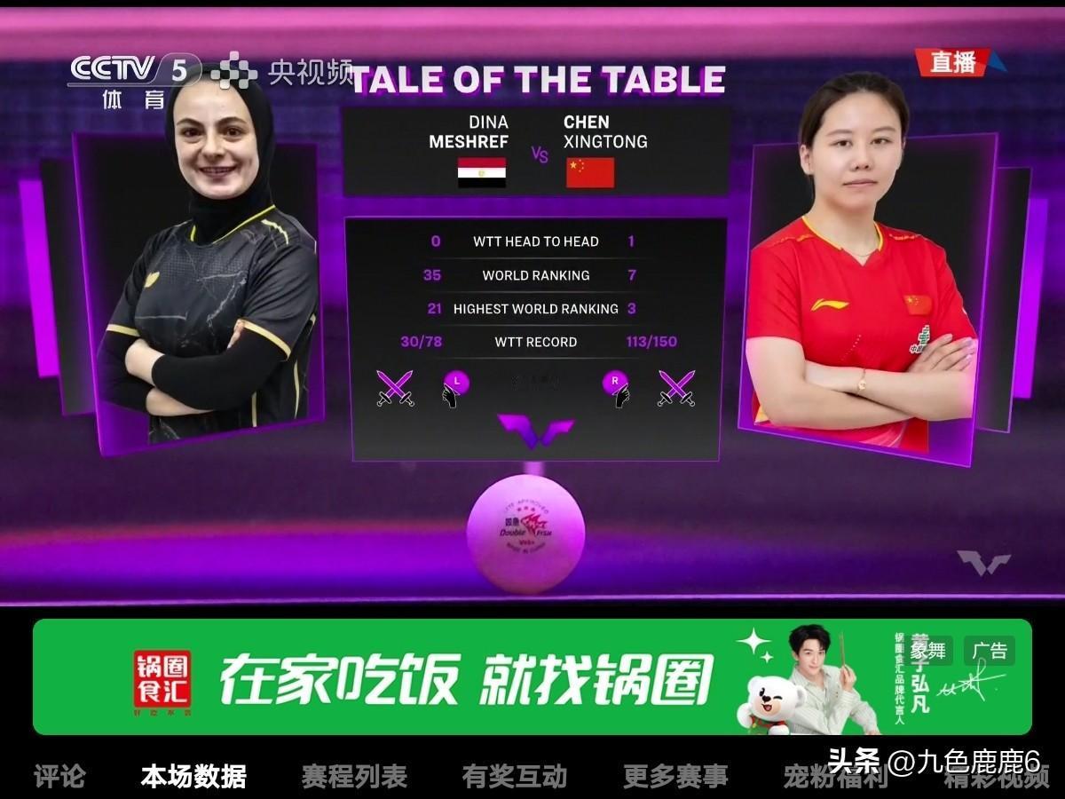 9月12日WTT澳门冠军赛女单1/4决赛陈幸同🇨🇳4：0战胜黑马埃及选手🇪