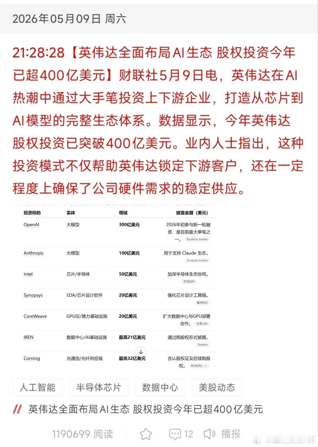 英伟达豪掷400亿打造AI帝国！A股18大核心受益标的全梳理！2026年5月9日
