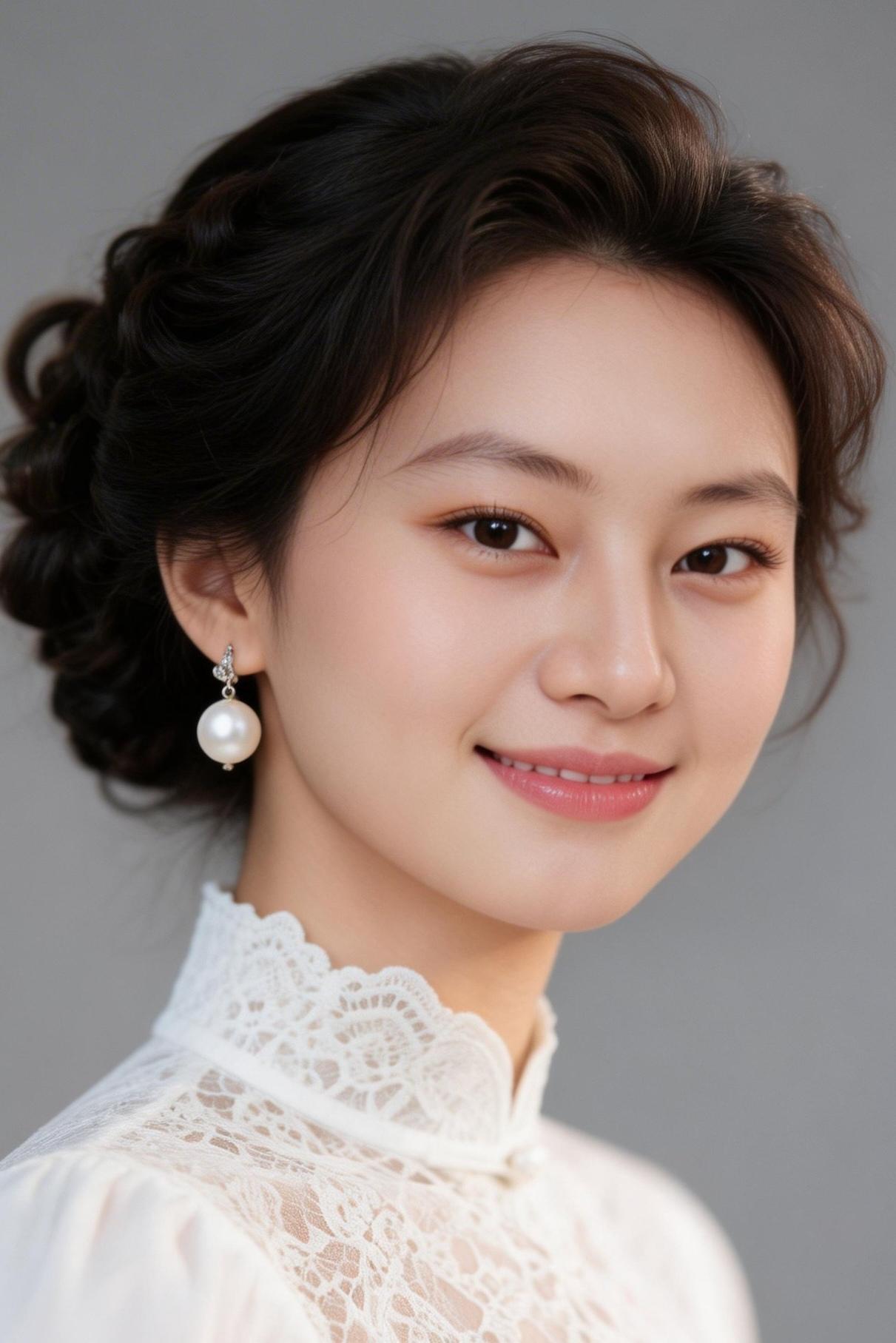 优雅复古的珍珠耳环，搭配精致的蕾丝上衣，尽显温婉气质。