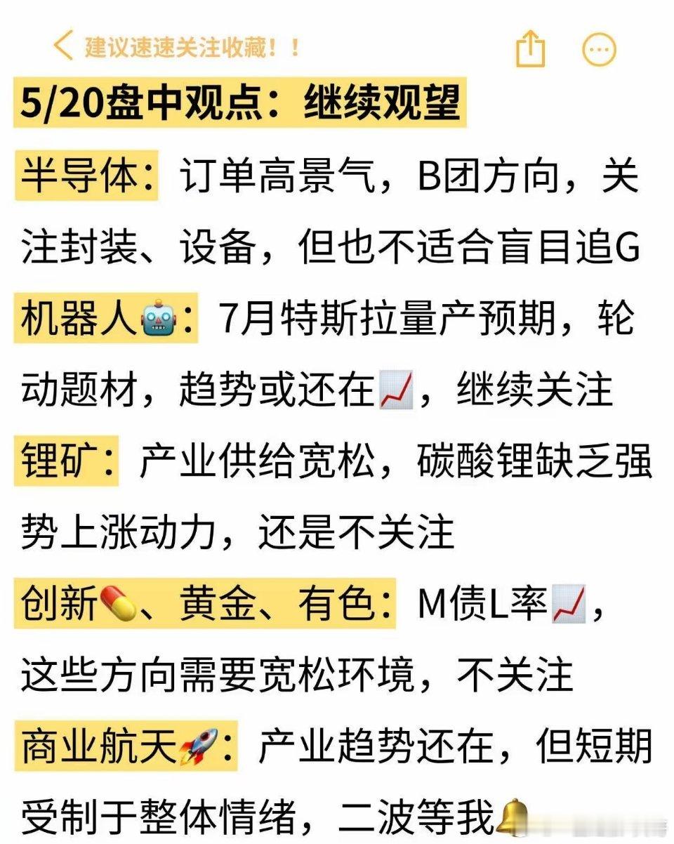 5/20盘中：整体观望，半导体、机器人保持关注半导体：订单G景气，关注封装、设备