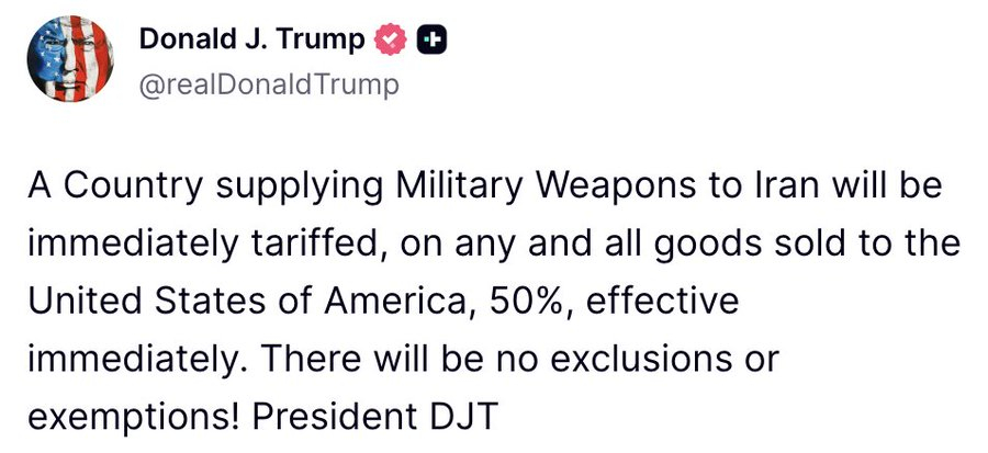 阿川表示，任何向伊朗提供军事武器的国家都将立即面临 50% 的关税，没有任何豁免
