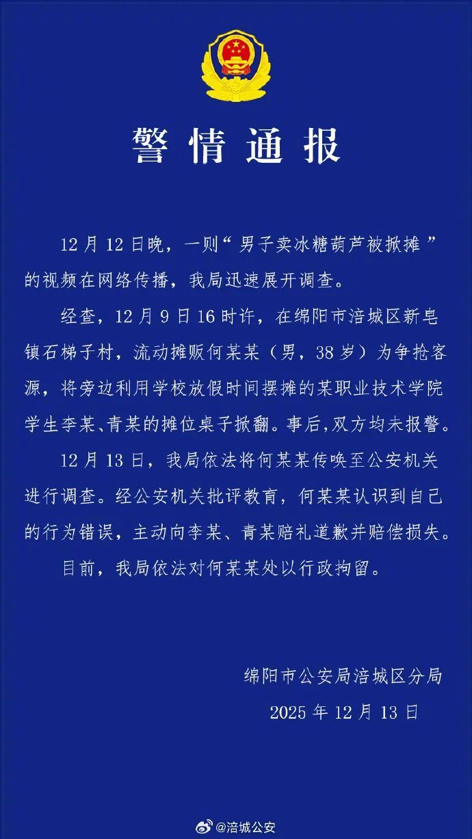 【#警方通报男子卖冰糖葫芦被掀摊##流动摊贩掀翻职校学生糖葫芦摊位#】12月13