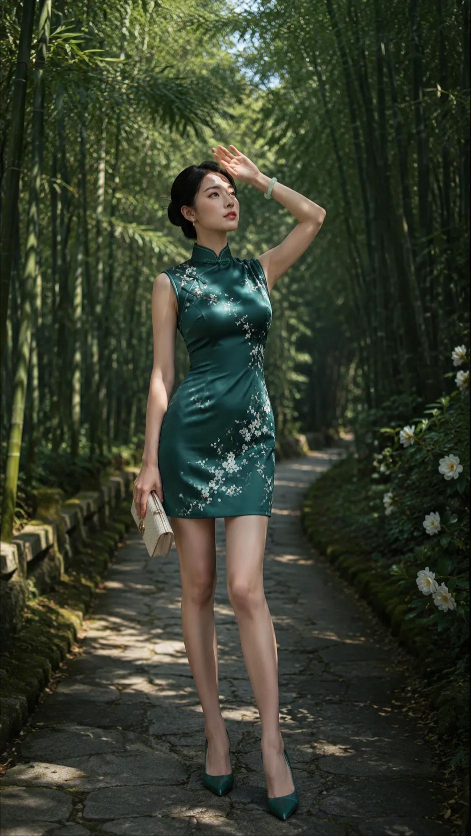 幽深竹林间，一抹翠色惊艳了时光。她身着一袭墨绿色的改良短旗袍，丝绸般的光泽在阳光