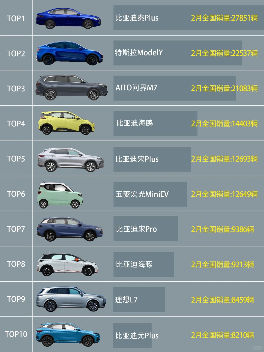 2月国内🇨🇳新能源汽车销量TOP10排名