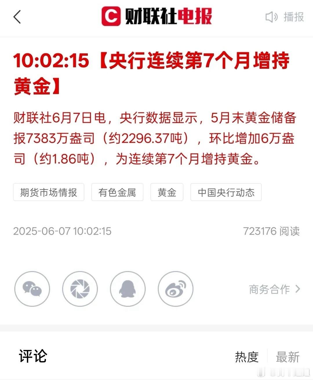 央行连续第7个月增持黄金，央行数据显示，5月末黄金储备报7383万盎司（约229