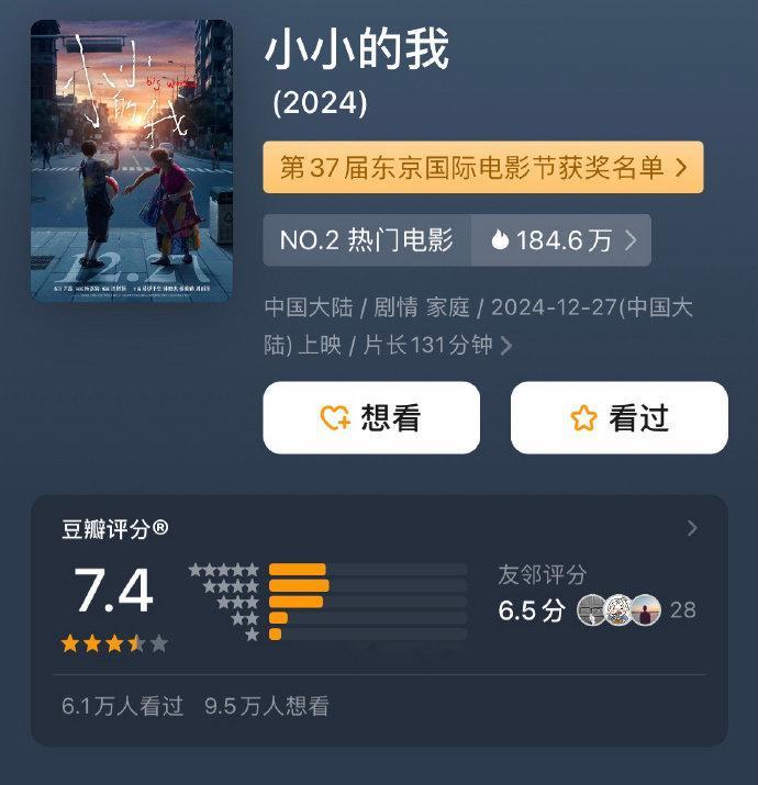 跨年档两部新片开分：《小小的我》7.4，《误杀3》6.4，相差整整一分。  