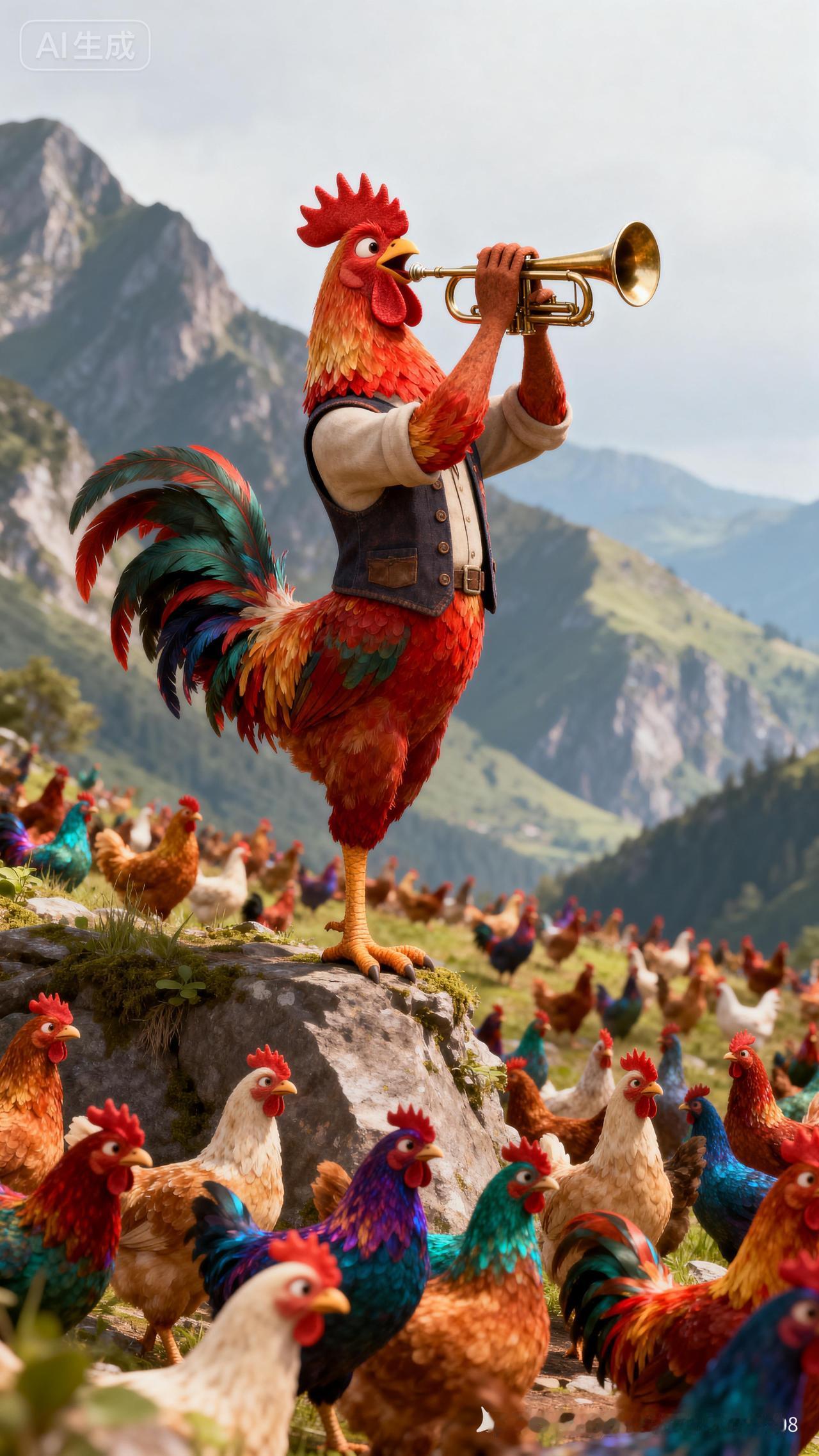 一只鸡在吹喇叭，好滑稽！