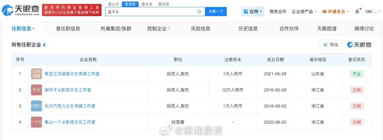 【#孟子义名下关联4家企业#】#孟子义名下多家企业已注销#据报道，3月1日晚，在