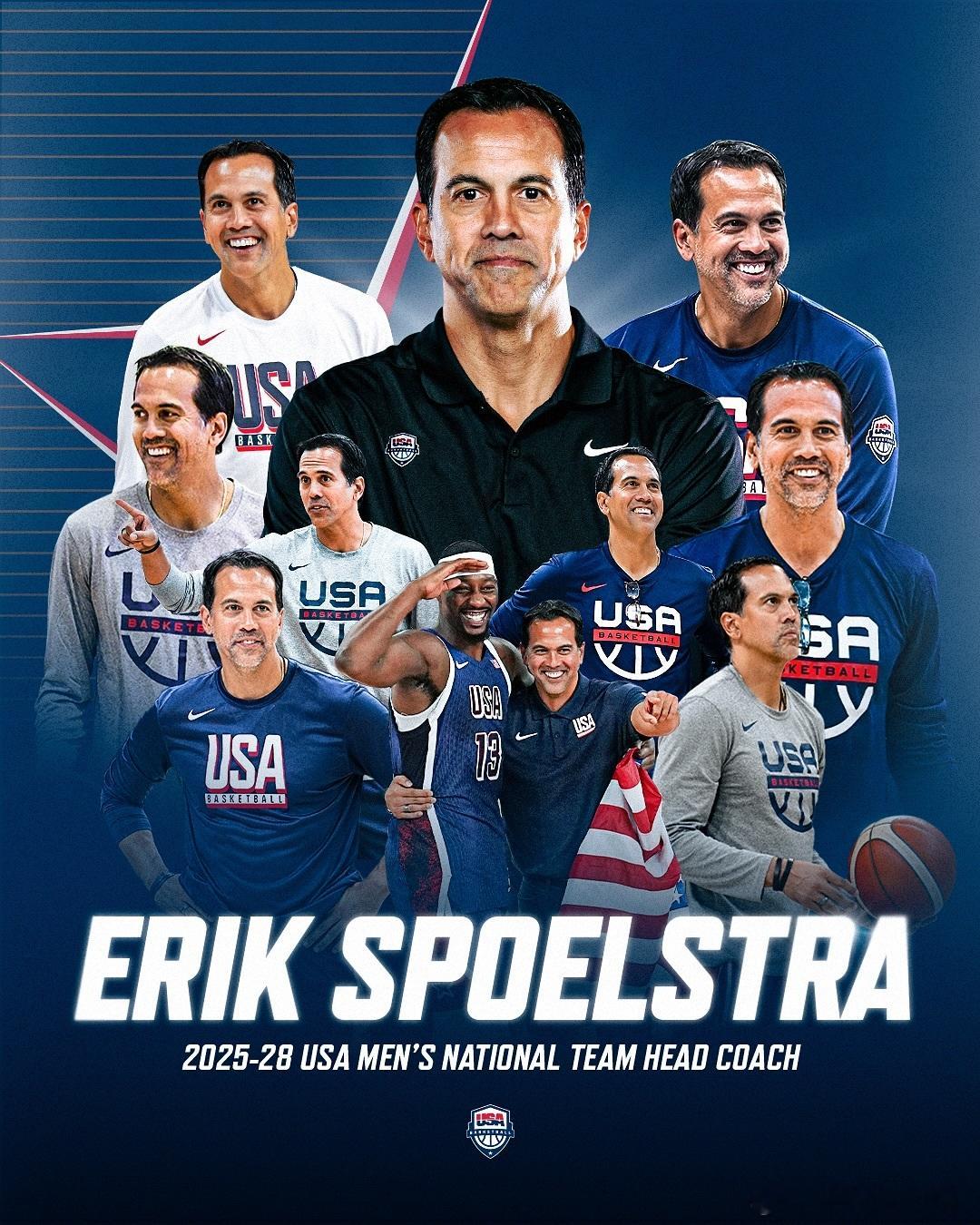 美国男篮官宣斯波成为新任主教练，任期为2025至2028年。接下来的重大国际赛事