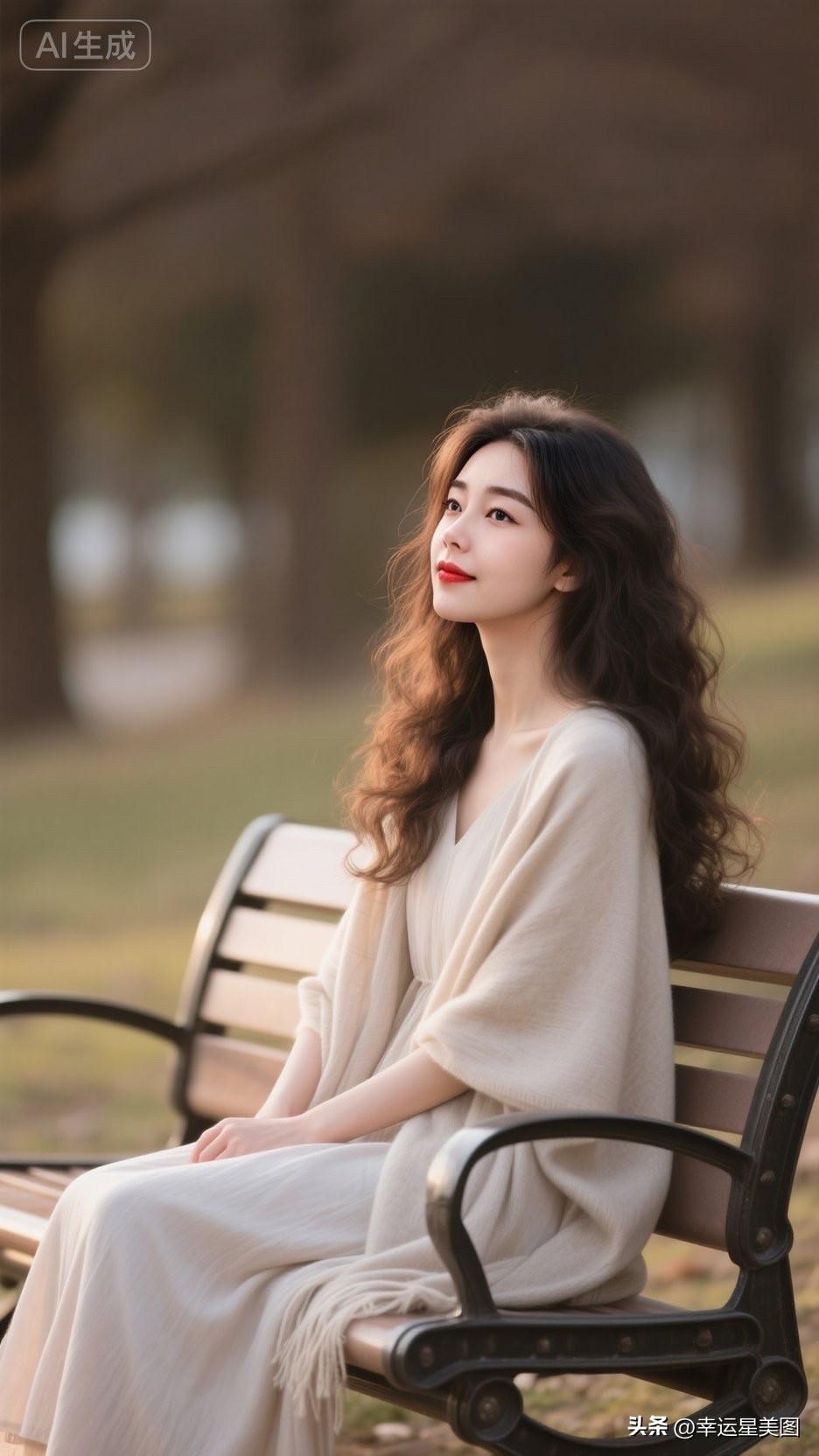 秋日暖阳下，温柔女子静坐长椅，岁月静好。