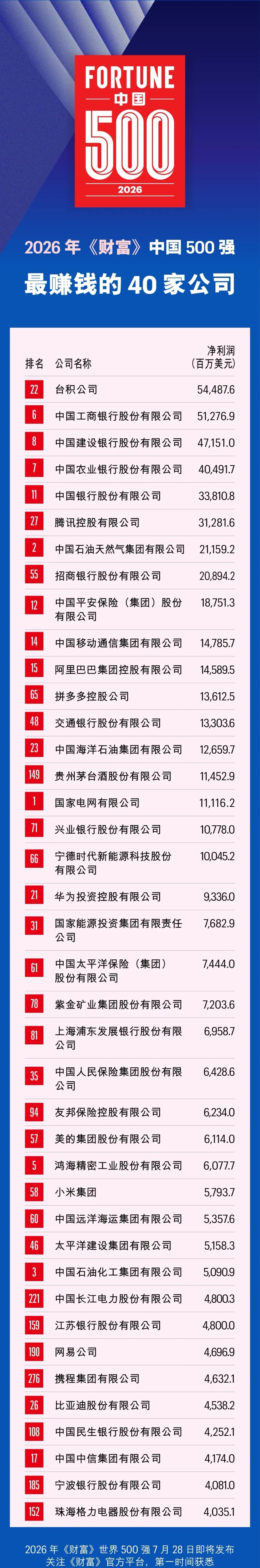 《财富》杂志公布中国最赚钱的40家公司，某多多比电网还赚钱啊。