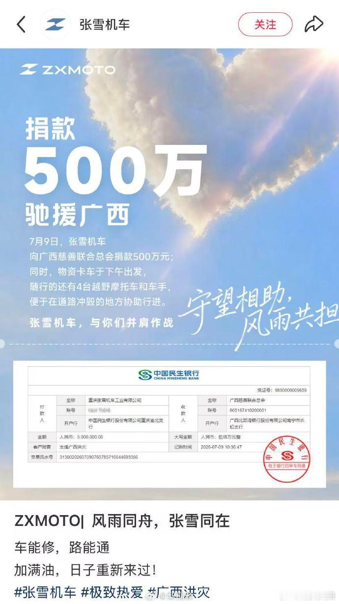 【张雪机车500万驰援广西，张雪机车给广西捐款500万】近日，受台风“美莎克”影