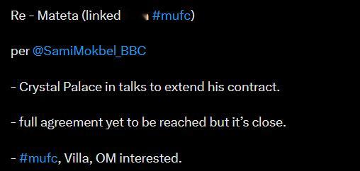 【关于马特塔】BBC Sami Mokbel 水晶宫正在就延长合同进行谈判。尚未
