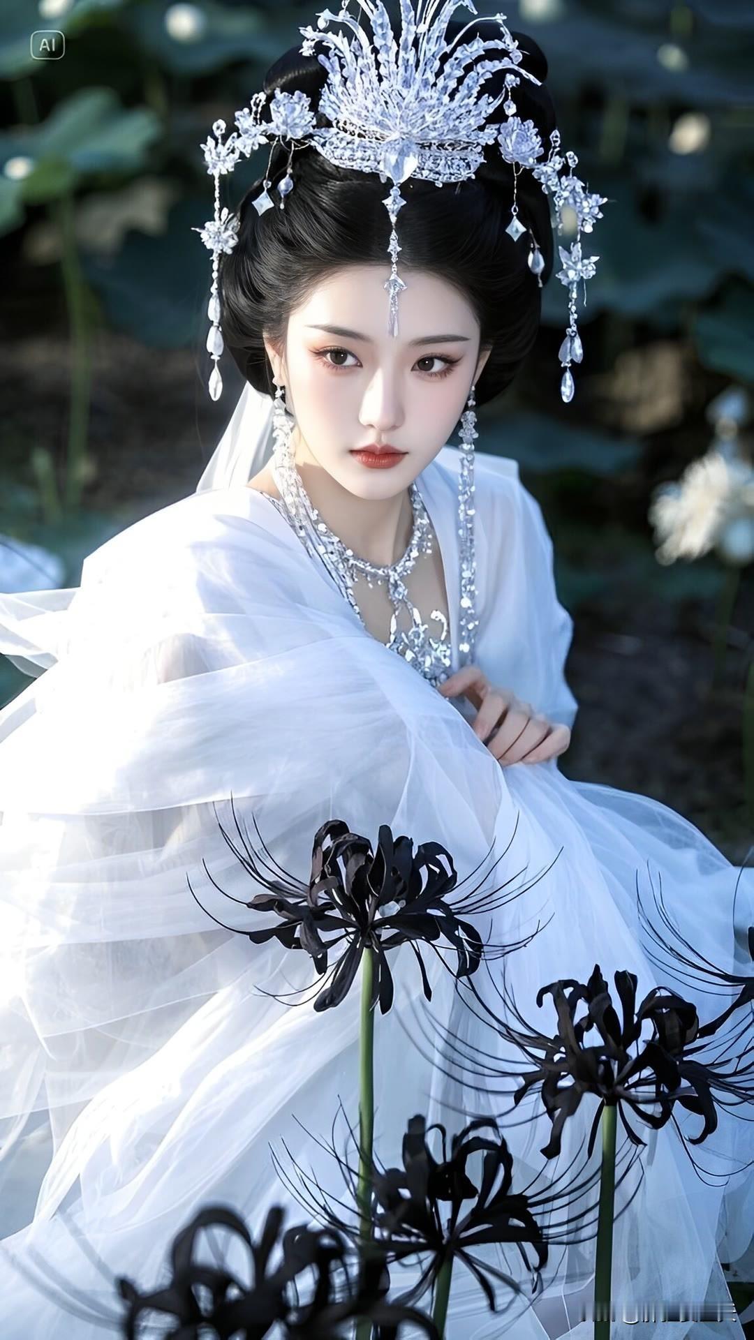 彼岸花绽，古风白衣美人如画。