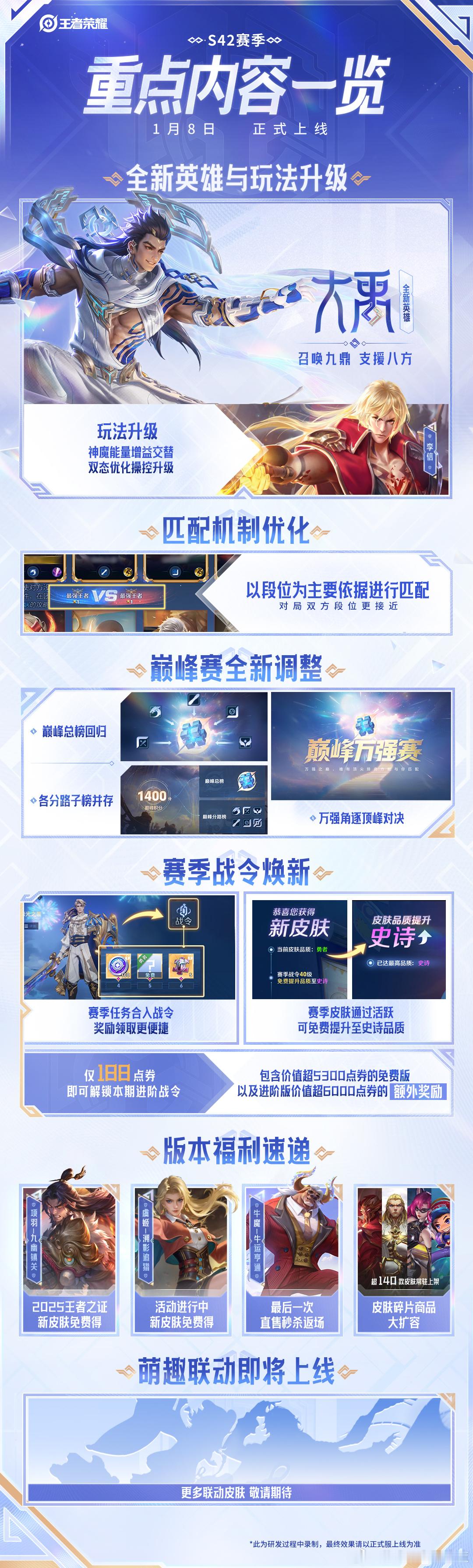 王者荣耀王者S42新赛季1月8日开启王者新英雄大禹1月8日上线新赛季匹配机制的优