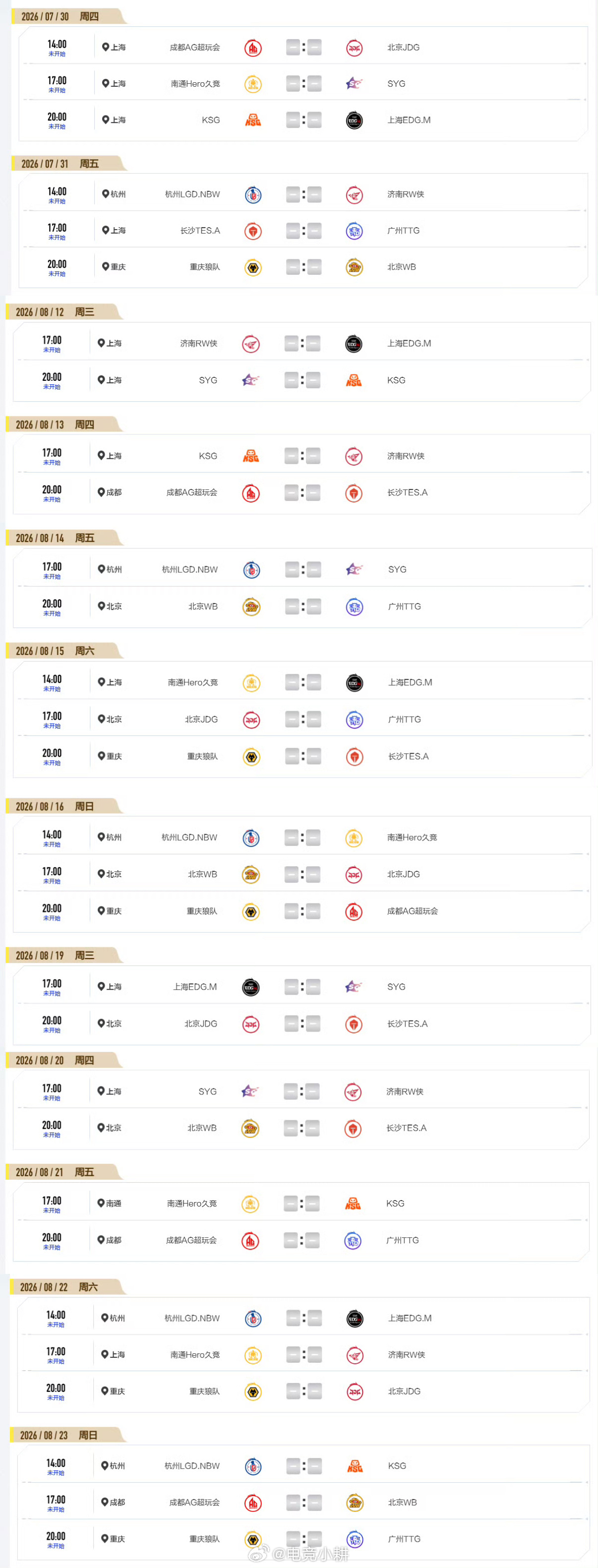 2026KPL夏季赛 第三轮赛程备忘7.30开始，8月第一周休赛，8.23结束第