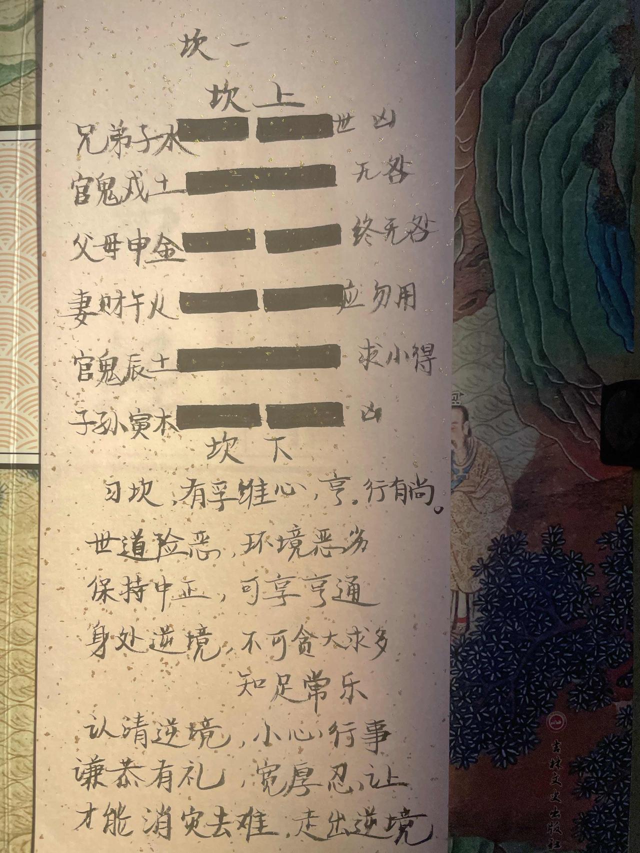 29水水坎 
习坎，有孚维心，亨。行有尚。
初六，习坎，入于坎窞，中。
九二，坎