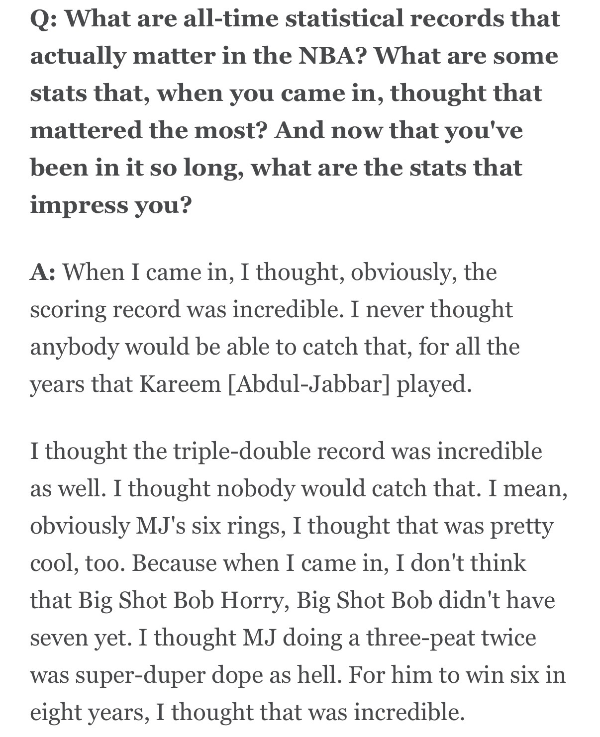 Dave：“在 NBA 中，哪些历史统计数据是真正有意义的？当你刚进入联盟时，你