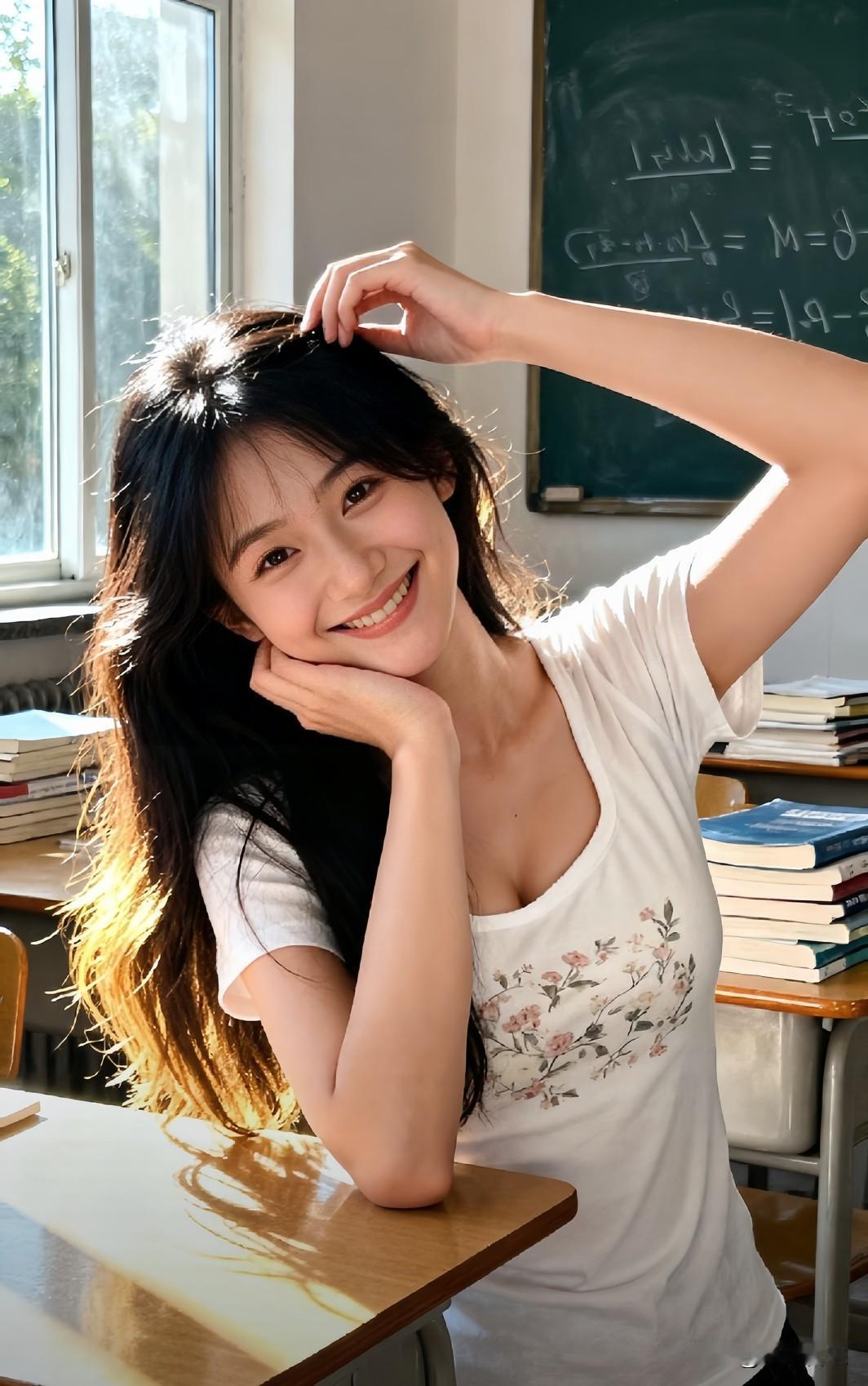 阳光溜进教室，少女指尖轻拢发丝，笑涡里浸着书香，连空气都裹了层清甜的温柔。阳光少