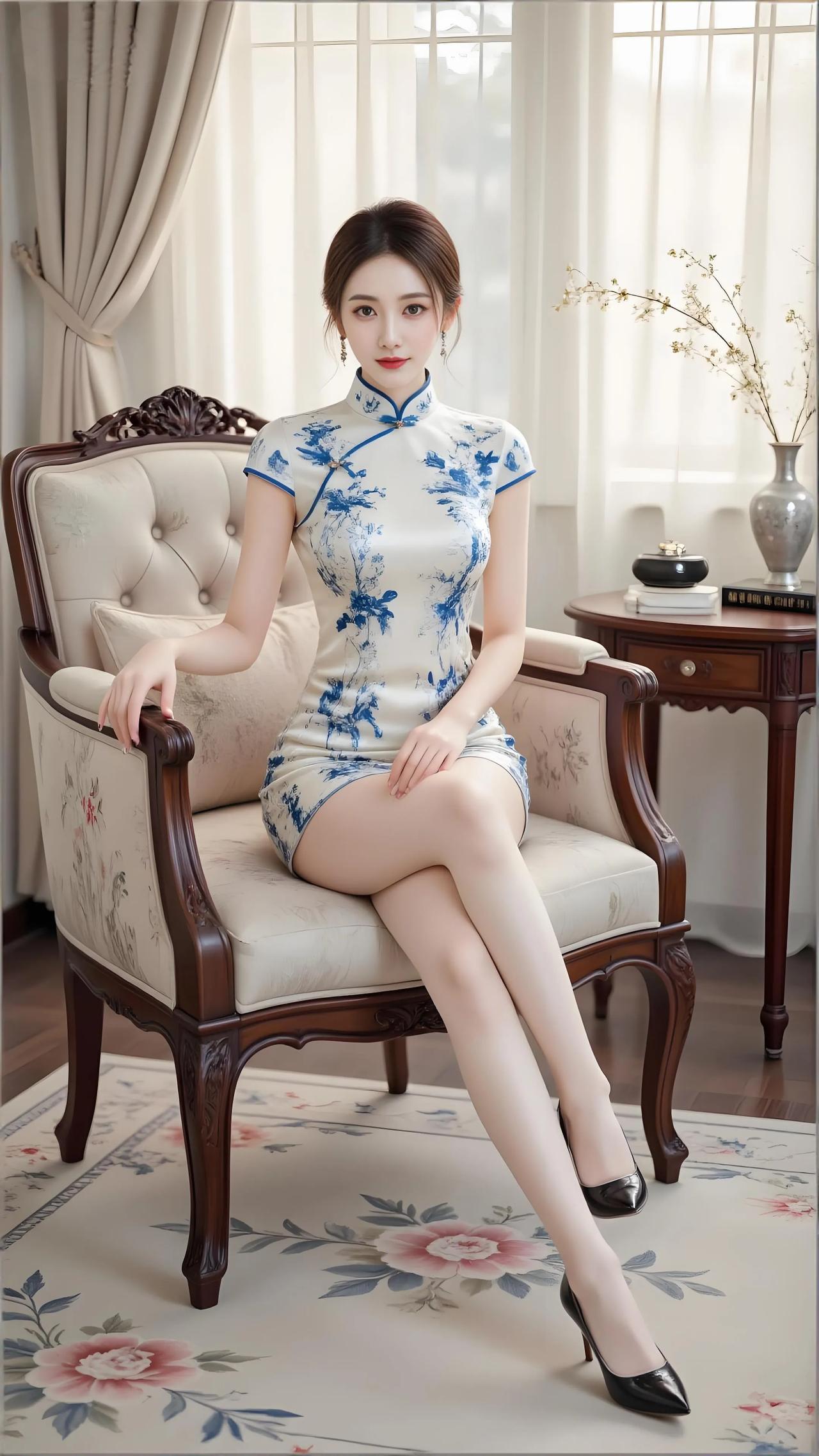 云鬓低垂钗影斜，青花凝露绾年华。
罗裙轻倚雕花椅，半卷帘栊待月赊。

国色天香入