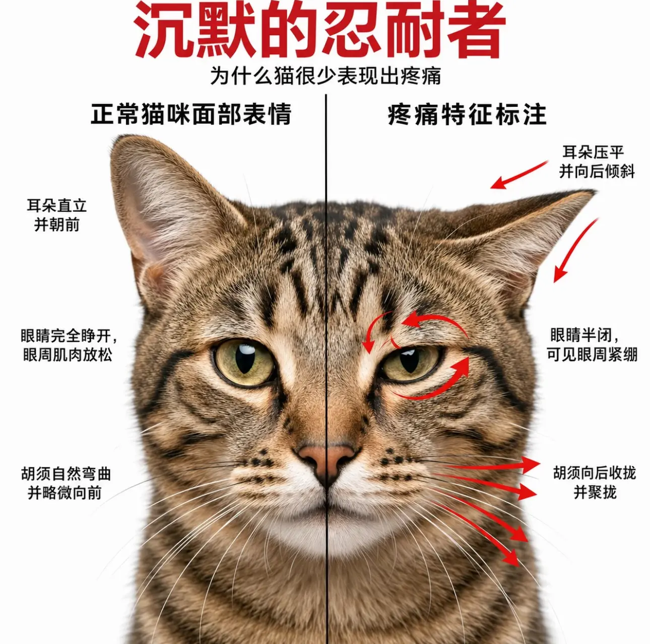 ‼️ 尤其注意：耳朵下压、眯眼、胡须向后。猫咪是隐藏疼痛的高手，但它们...