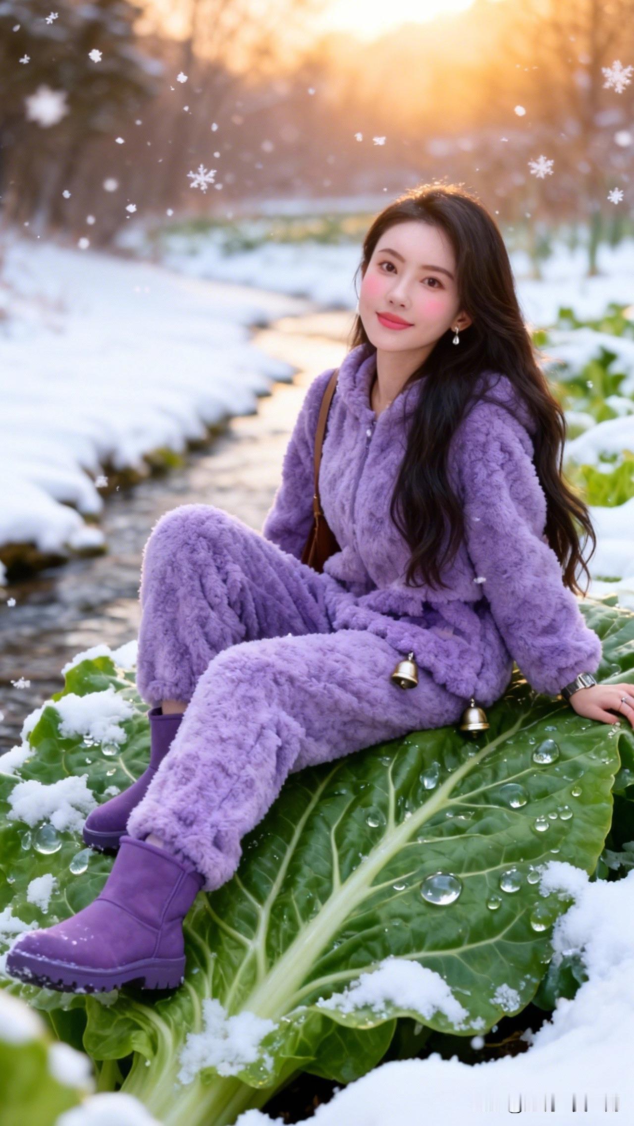 雪中静坐，心随景动。晒一张手机最美的雪景照 冬日暖阳下，雪地里的紫色毛绒套装，甜