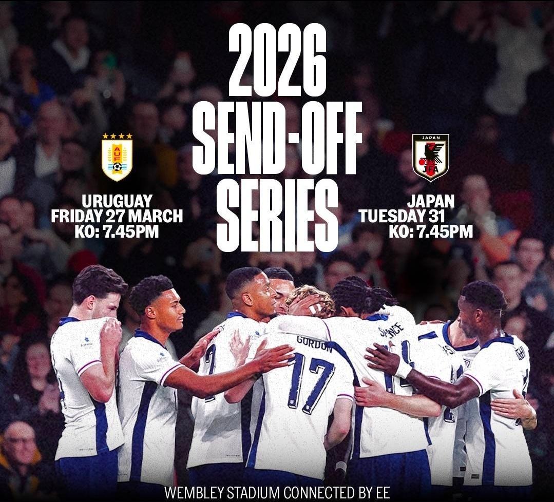 官方：英格兰将在3月国家队比赛日先后对阵乌拉圭和日本英格兰国家队官方发布明年3月