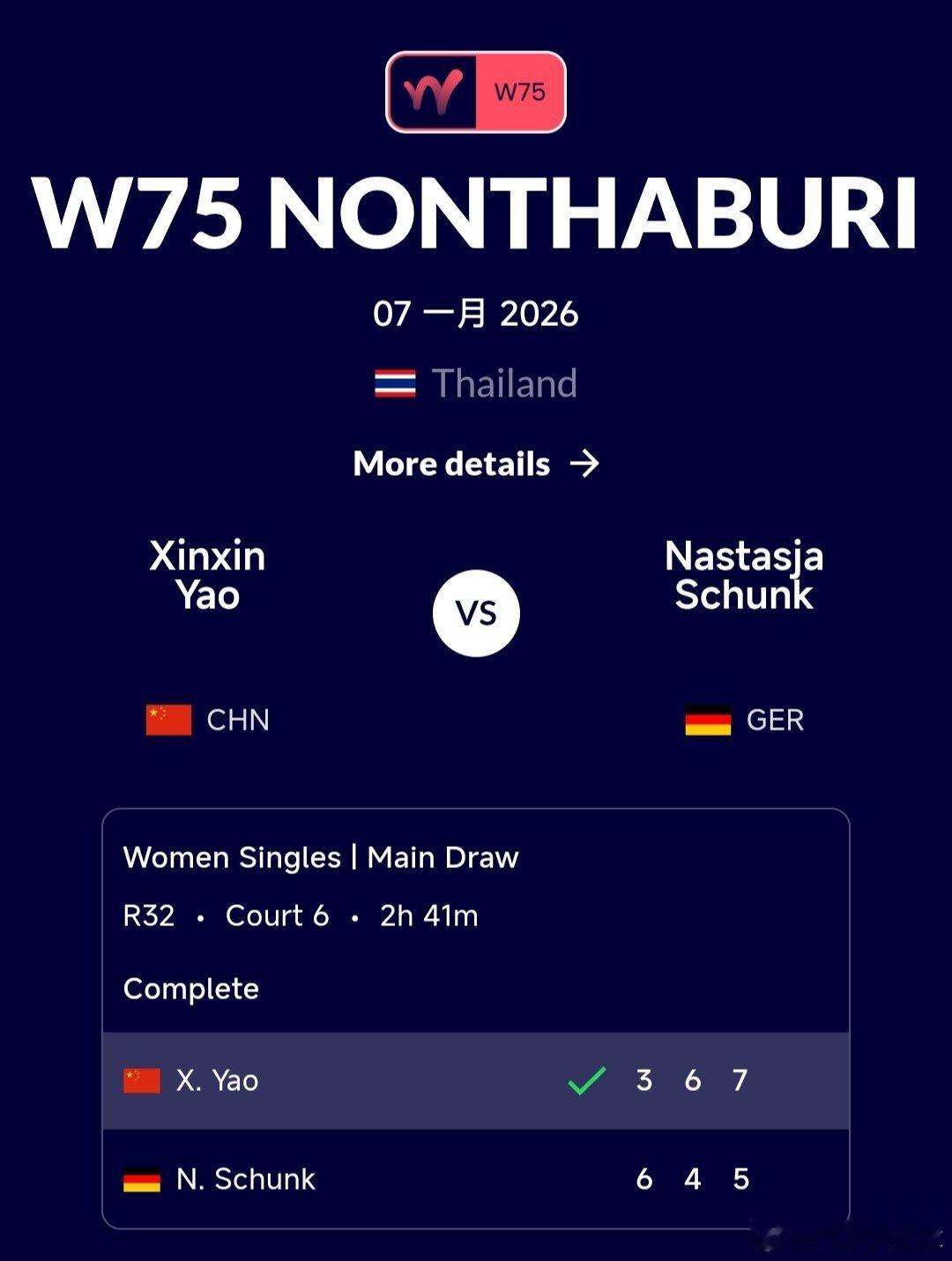 W75暖武里府站🇹🇭女单第一轮姚欣辛🇨🇳3-6/6-4/7-5逆转战胜顺