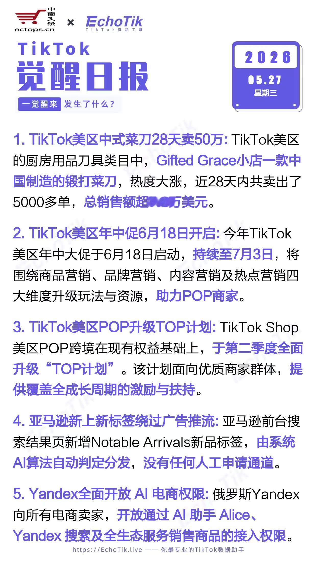 TikTok跨境电商日报 2026-05-271. TikTok美区中式菜刀28