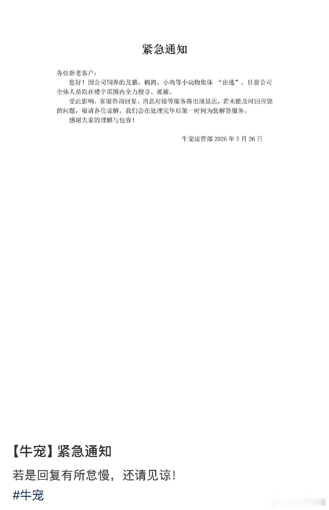 宠物用品公司通报小动物集体出逃【宠物用品店回应小动物集体出逃】5月26日，一宠物
