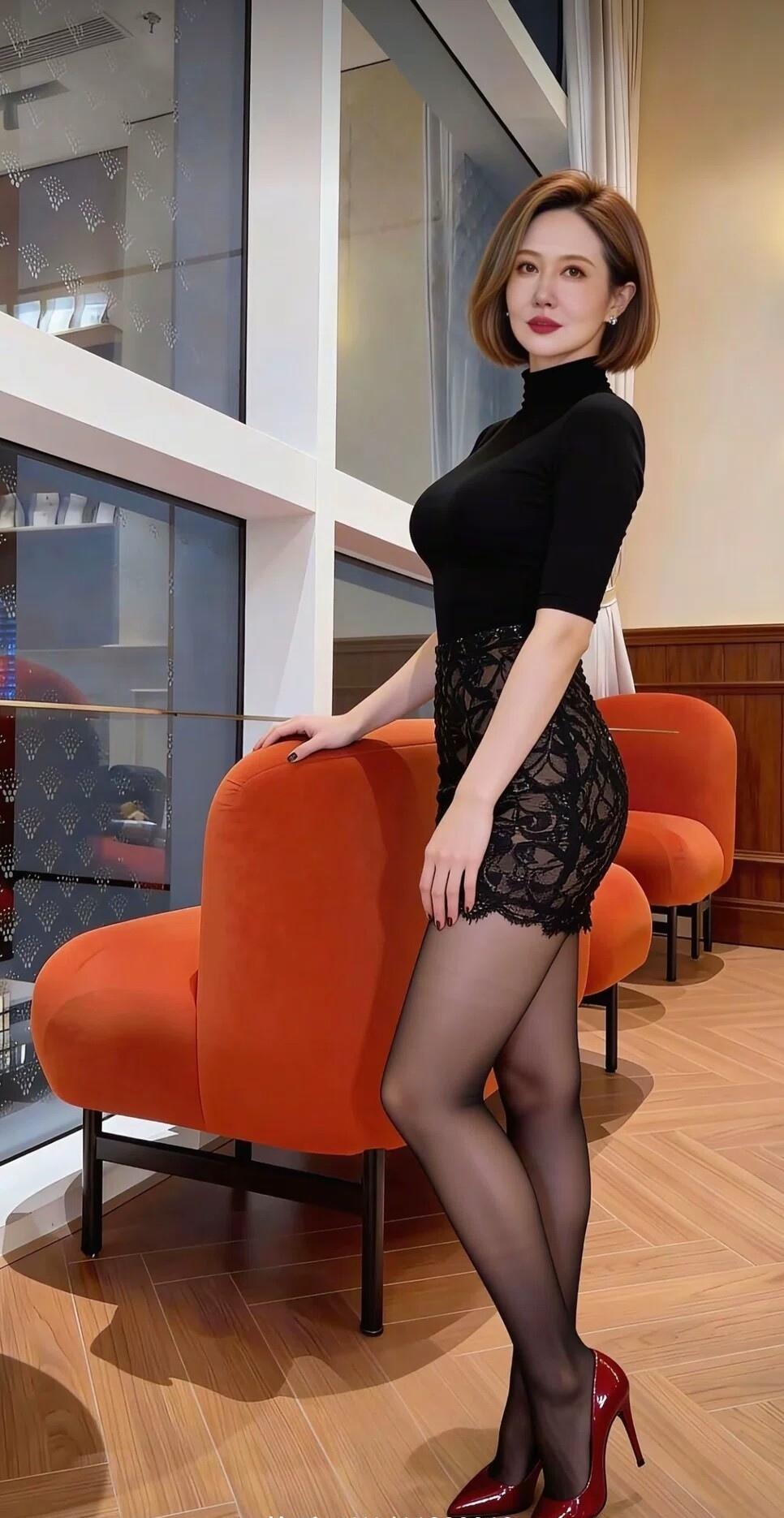 优雅黑裙搭配红高跟鞋，都市女性魅力展现