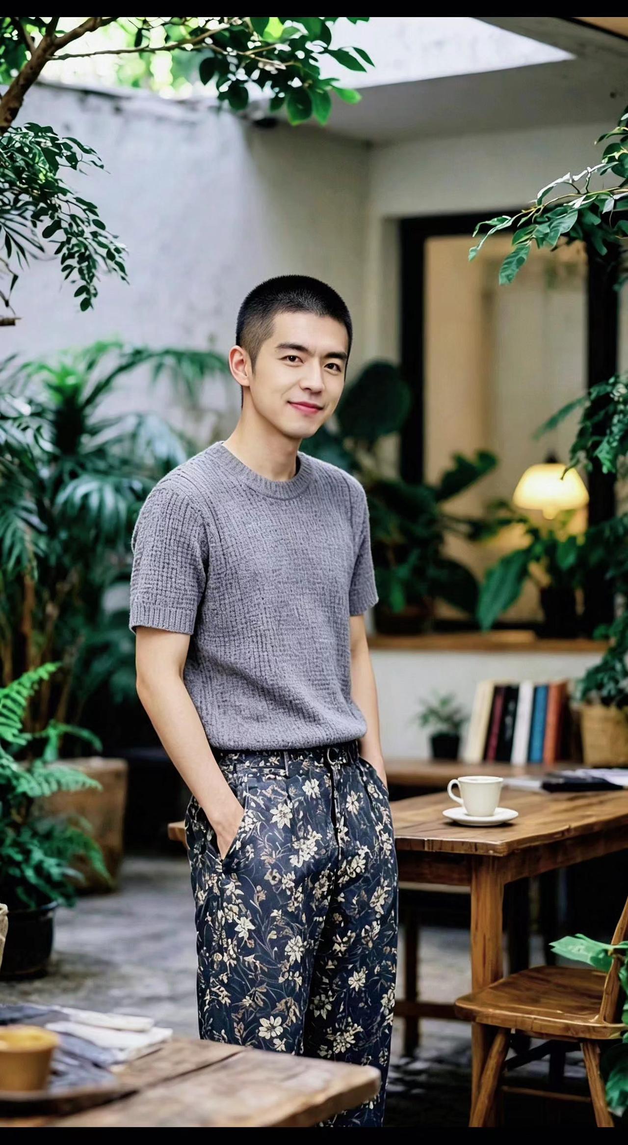 🌿光影偷吻石阶，咖啡香漫过竹影。他站成一首小诗，裤脚藏着整个夏天☕