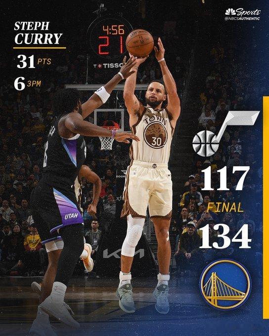 吃顿饺子！勇士134-117轻取爵士，终止3连败。 库里轻砍31分，巴特勒18+