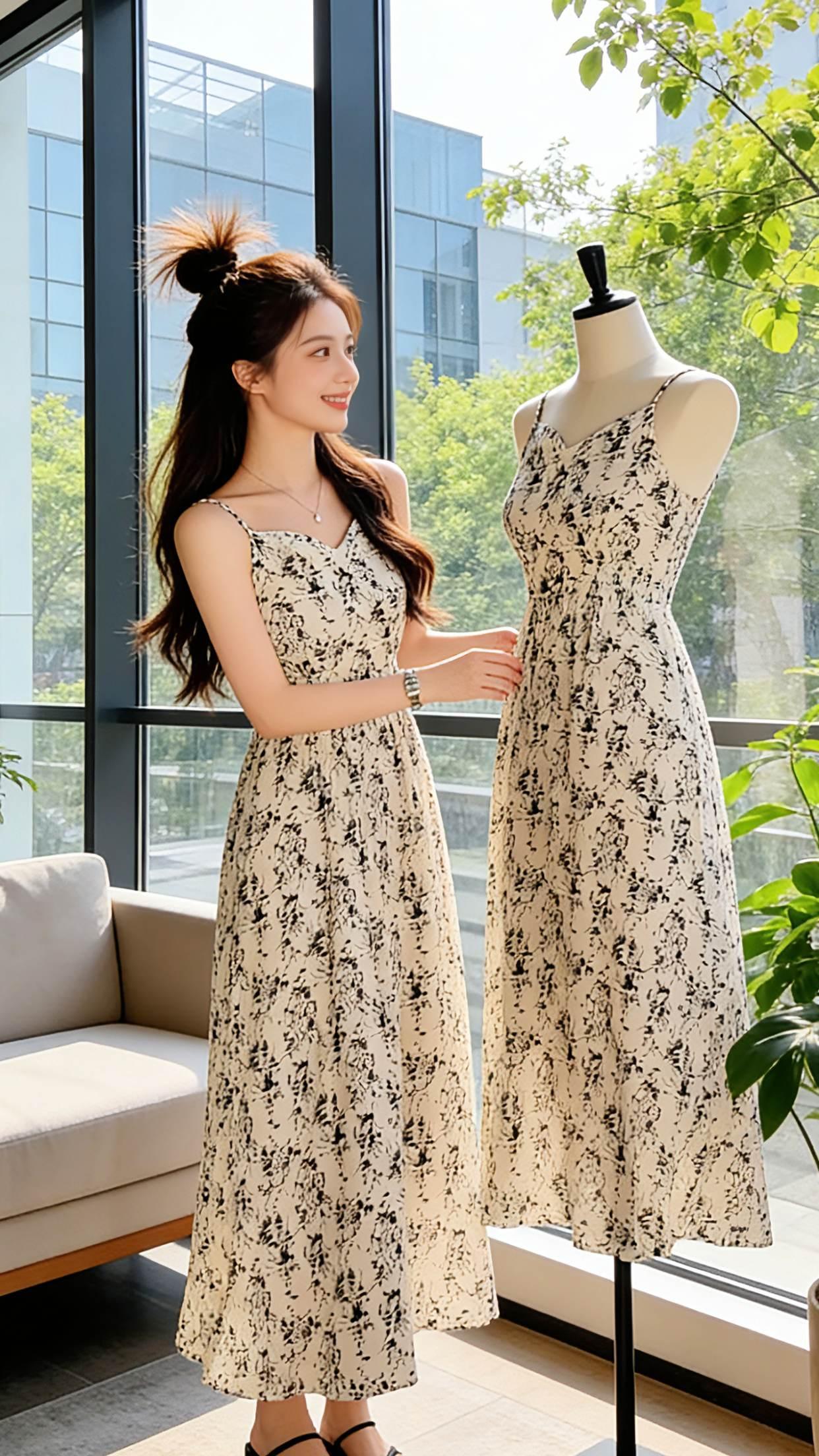 早秋的温柔氛围感，全被这条碎花吊带裙拿捏了。室内试穿、商场逛街、湖边出游，不管什