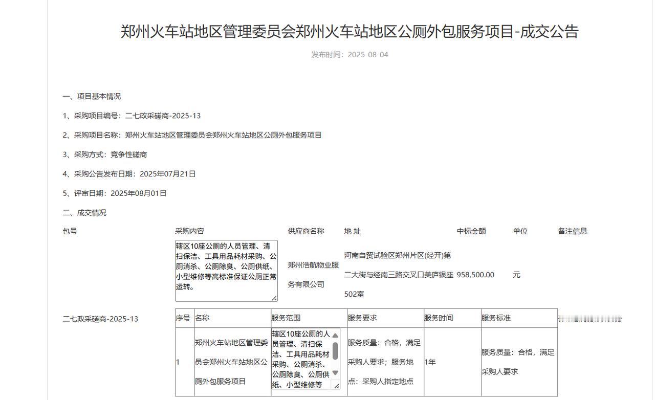 城市观察员郑州火车站95万元成功外包10个厕所管理工作，包括辖区10座公厕的人员