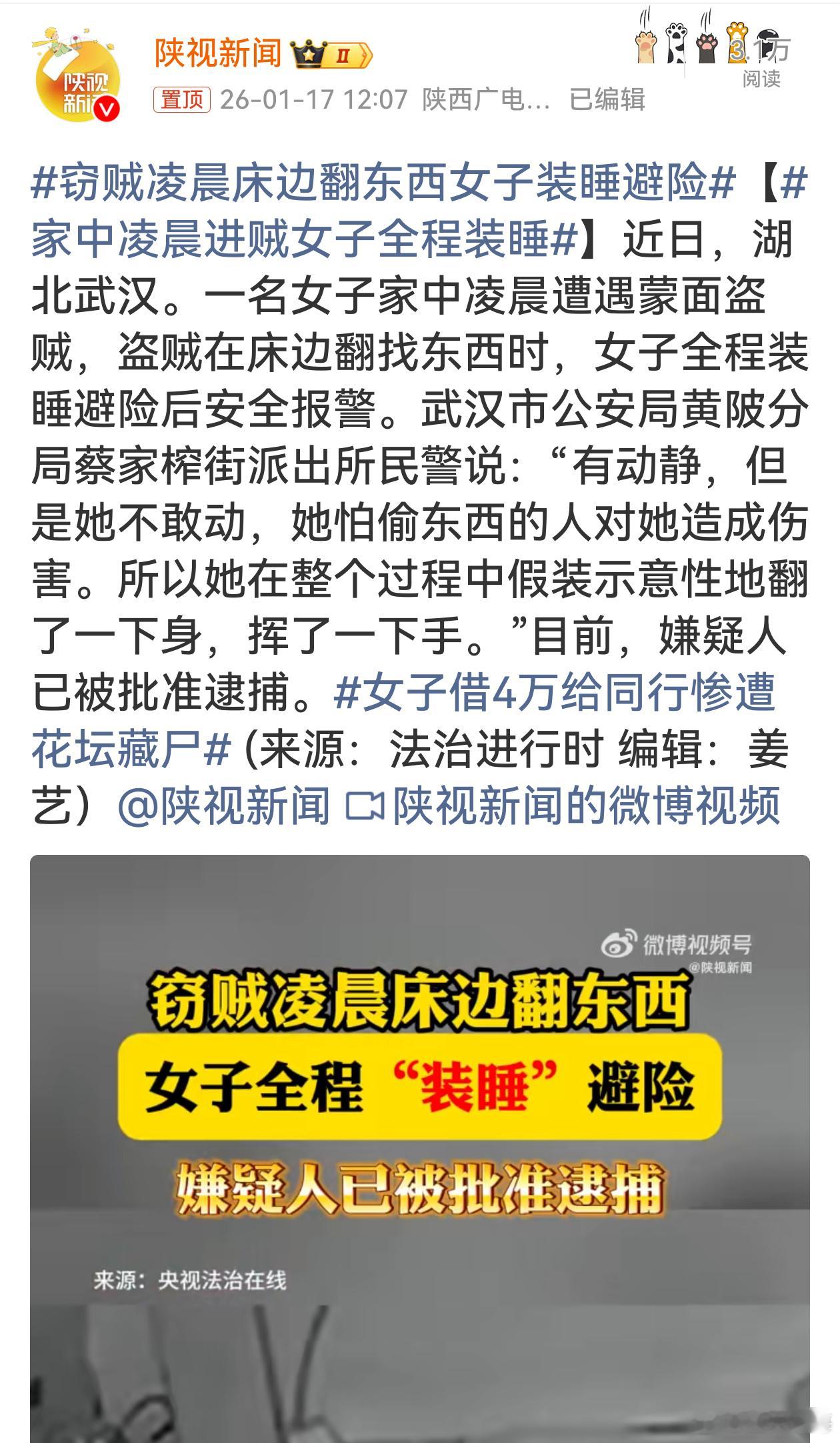 家中凌晨进贼女子全程装睡该女子在遭遇入室盗贼时保持冷静，通过装睡成功避险，展现出