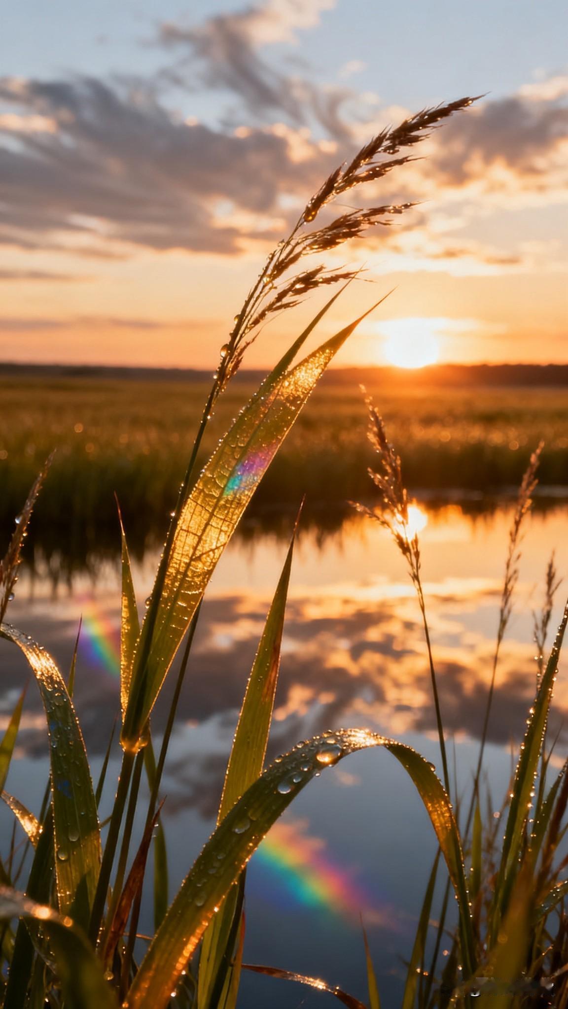 晨露坠在草叶尖，把落日的金熔成细碎的光。水波揉碎晚霞，连风掠过的痕迹里，都裹着彩
