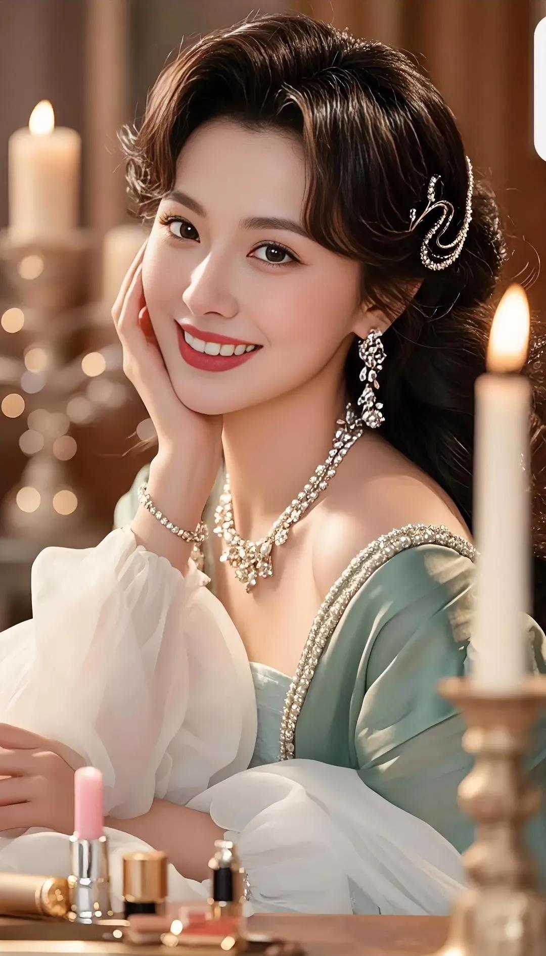 她的眼眸深邃而明亮，犹如大海一般蕴含着无尽的神秘与温柔。当她望向远方，那眼神中仿