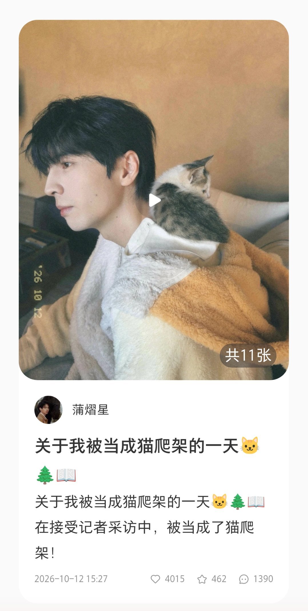 蒲熠星[超话] ✨ 蒲熠星温柔梦想家 【蒲熠星小🍠更新】采访……猫爬架……走过