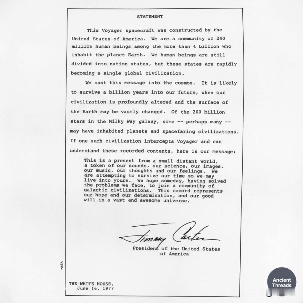 这封信是吉米·卡特（Jimmy Carter）总统于1977年为旅行者号（Voy