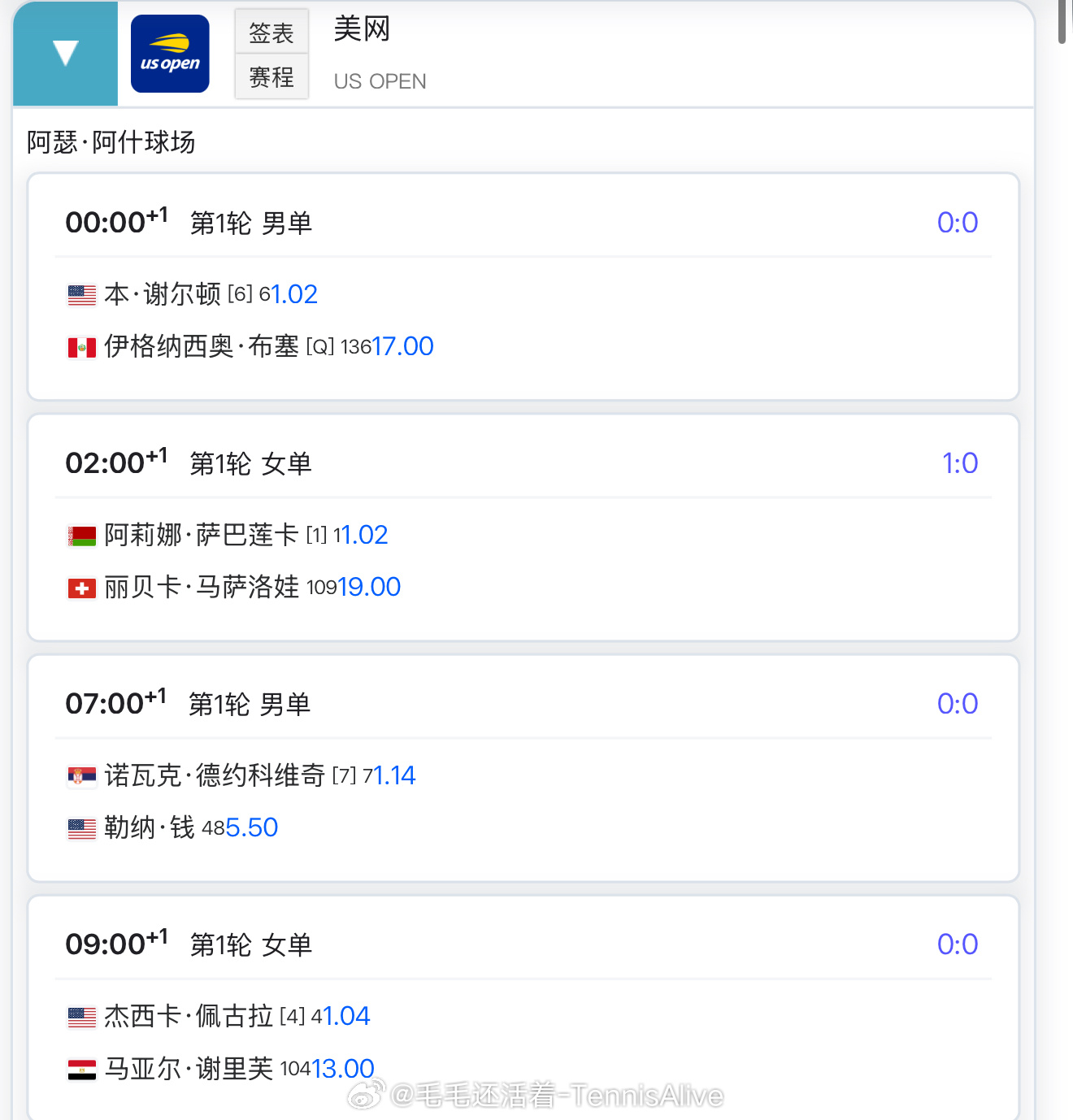 【8.24美网第一日比赛赛程+直播赛程】23:00拉杜卡努vs柴源英菜（阿姆斯特