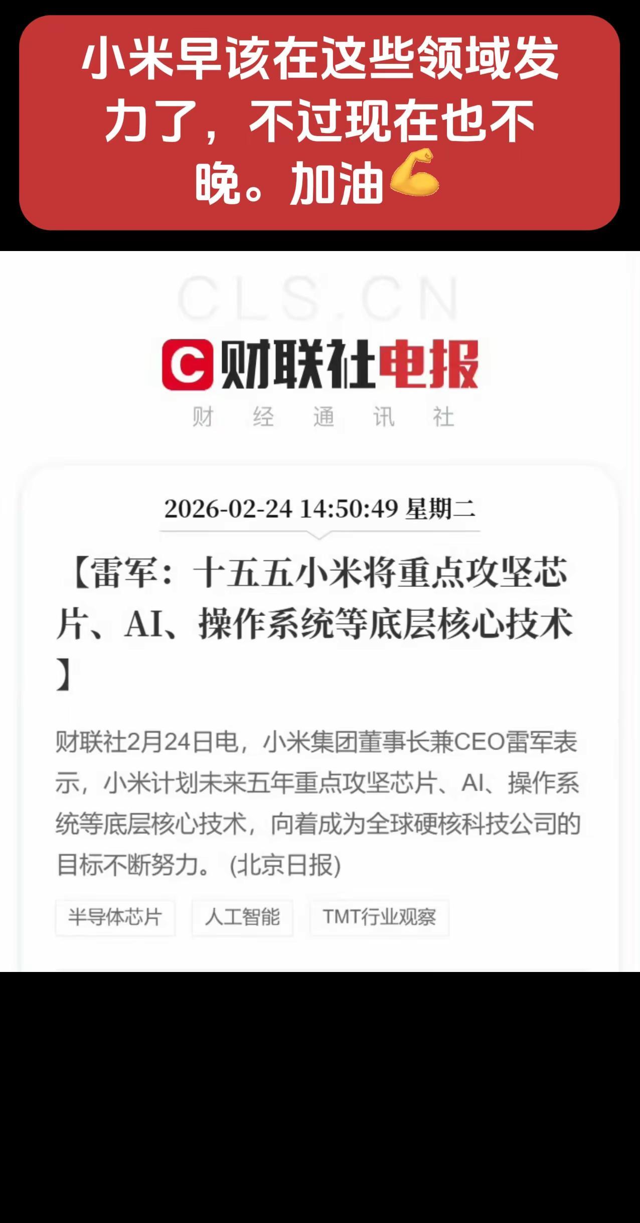 希望雷总和小米早日实现硬核科技公司的远景目标，摆脱营销之王的称号。小米