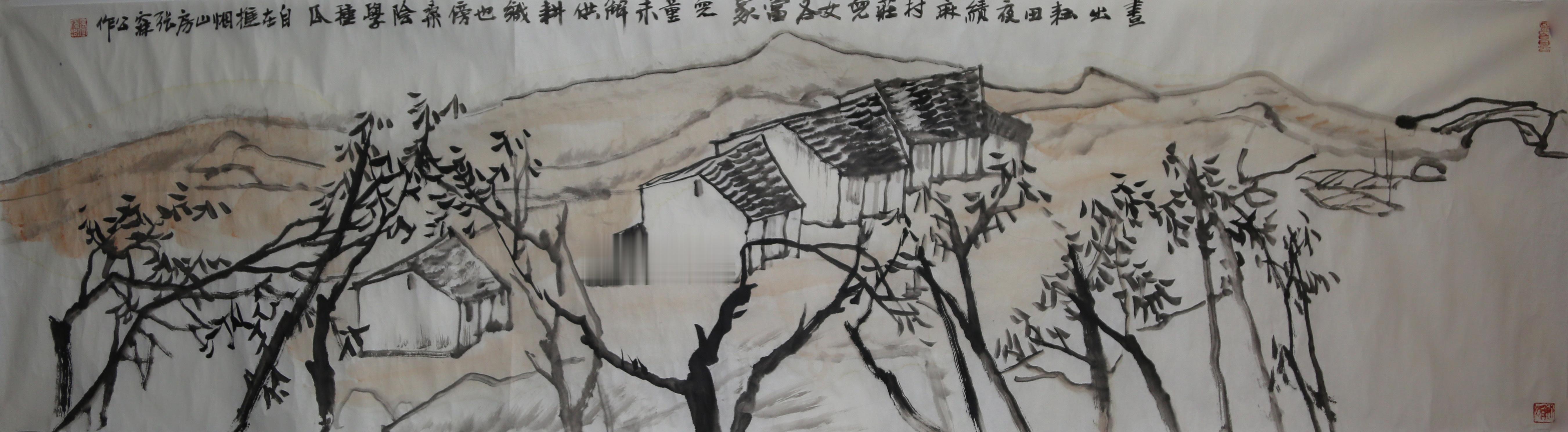 《虚实相生，田园诗意》近景树枝如铁画银钩，中景屋舍留白成趣，远景山峦淡墨朦胧。画