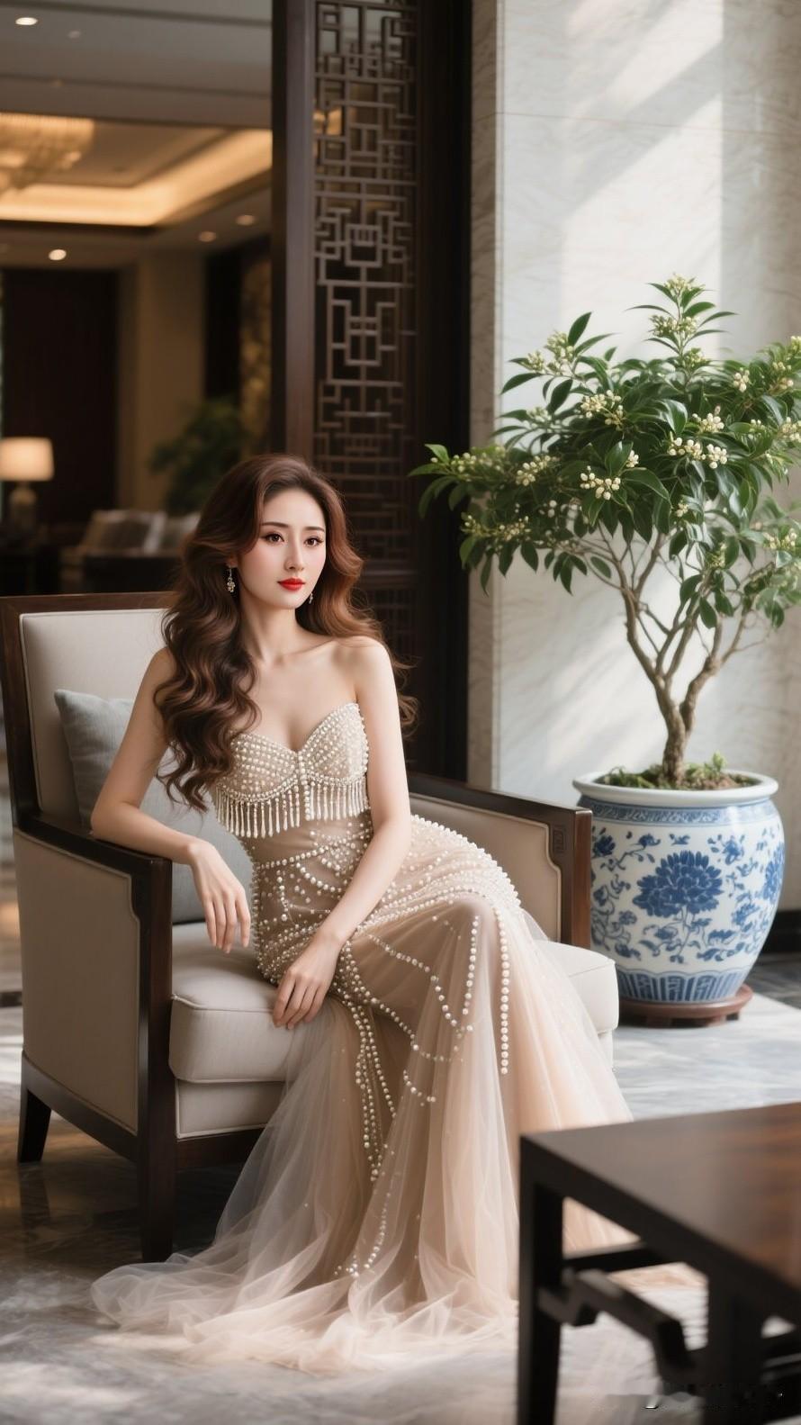 珍珠抹纱礼服✨
浅杏色网纱温柔到骨子里，满身珍珠钉珠华丽又高级💫
抹胸流苏设计