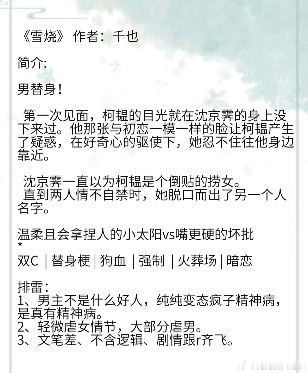 《雪烧》 作者：千也 男替身！ 温柔且会拿捏人的小太阳vs嘴更硬的坏批 * 双C