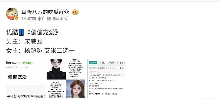 🍉《偏偏宠爱》男主宋威龙，女主杨超越或艾米二选一，你期待谁？ 